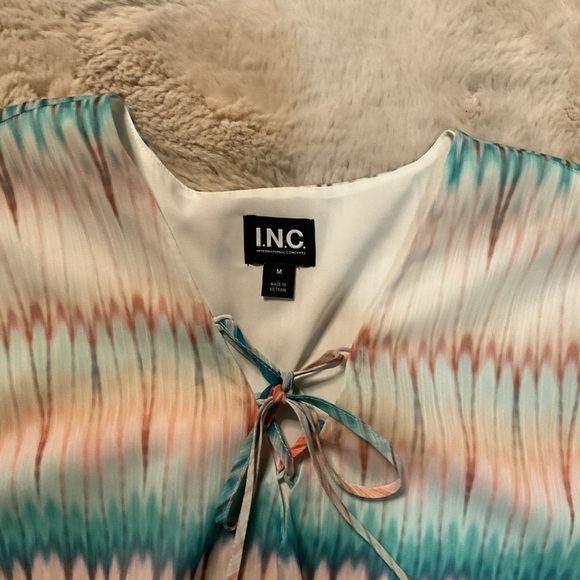 INC Women's Blouse Size Medium Long Sleeve Colorful Tie Neck Ruffle Elastic Wst - Picture 2 of 11